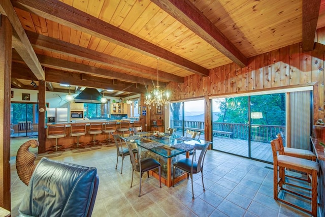 dining space featuring light tile patterned floors, wooden walls, wood ceiling, an inviting chandelier, and beam ceiling