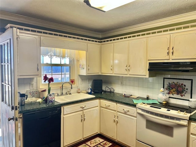 kitchen with dishwasher, sink, decorative backsplash, white range with electric cooktop, and crown molding