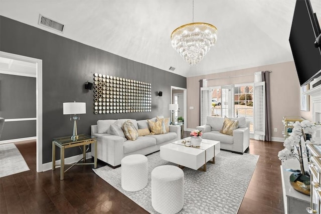 living room featuring high vaulted ceiling, a chandelier, and dark hardwood / wood-style flooring