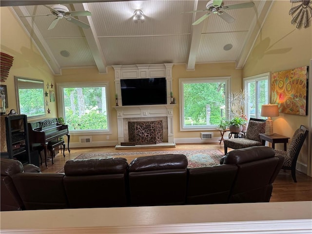12162 Mountain Laurel Dr, Roswell, GA 30075 - living area featuring a ceiling fan, wood finished floors, baseboards, high vaulted ceiling, and wooden ceiling with exposed beams