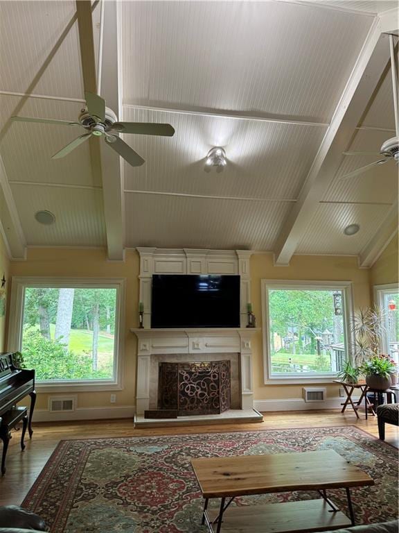 12162 Mountain Laurel Dr, Roswell, GA 30075 - living room featuring light wood-style floors, ceiling fan, and a premium fireplace
