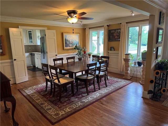 12162 Mountain Laurel Dr, Roswell, GA 30075 - dining space featuring wood finished floors, ornamental molding, and ceiling fan