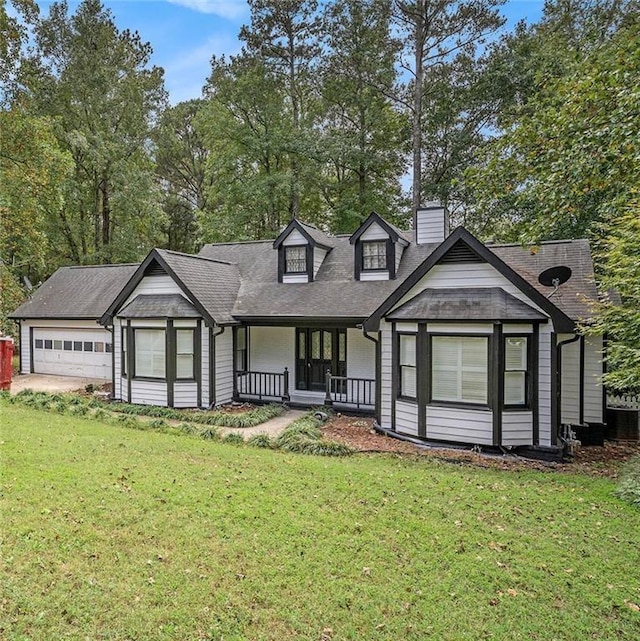 view of front of property with an attached garage, covered porch, a chimney, and a front yard