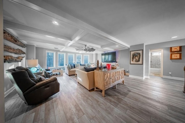 living room featuring coffered ceiling, hardwood / wood-style floors, beam ceiling, and ceiling fan