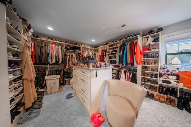 walk in closet with light colored carpet