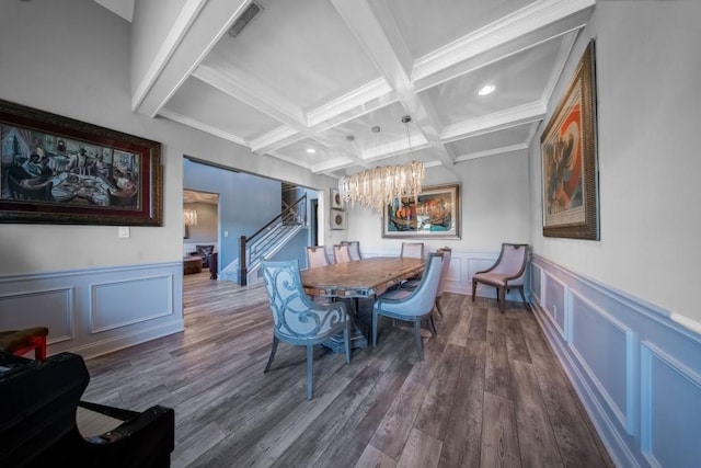 dining space featuring coffered ceiling, beamed ceiling, ornamental molding, dark hardwood / wood-style flooring, and a chandelier