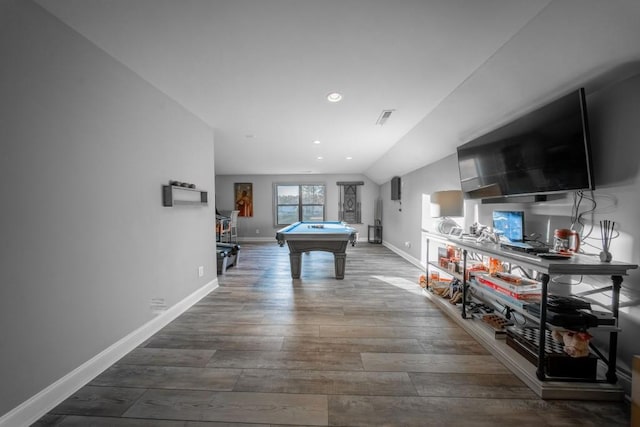 game room with hardwood / wood-style flooring, pool table, and vaulted ceiling