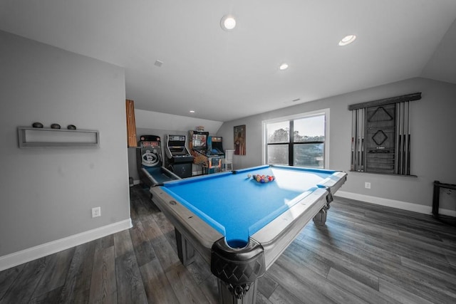 recreation room featuring vaulted ceiling, dark wood-type flooring, and billiards