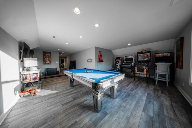 game room featuring hardwood / wood-style flooring, lofted ceiling, and pool table