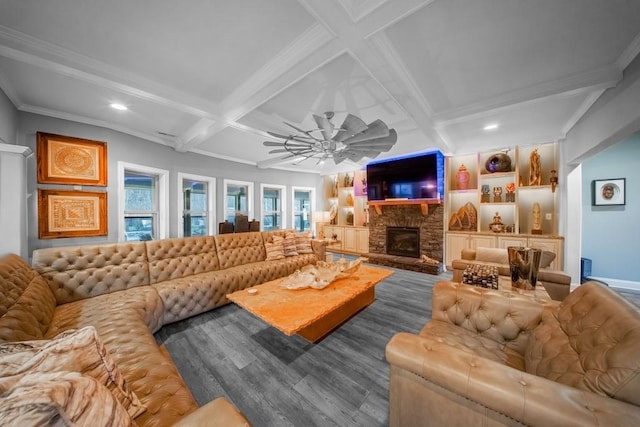 living room featuring a fireplace, hardwood / wood-style flooring, coffered ceiling, crown molding, and beam ceiling