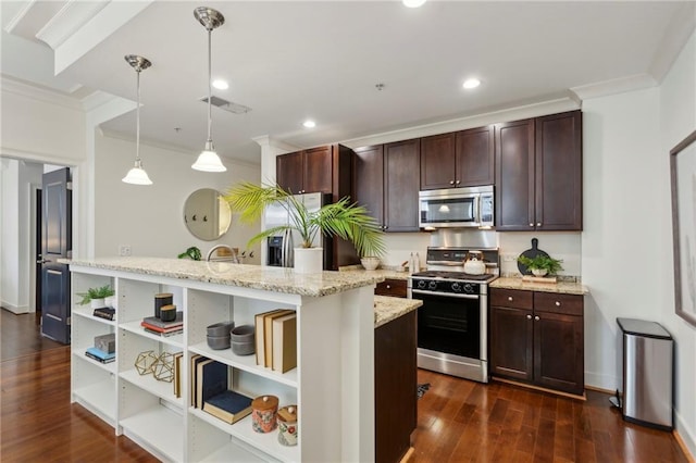 kitchen with stainless steel appliances, ornamental molding, open shelves, dark brown cabinetry, and dark wood-style flooring