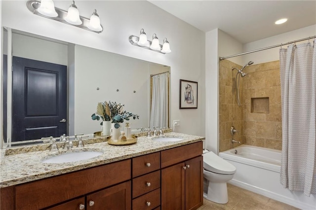 bathroom with toilet, shower / bath combo, tile patterned flooring, and double vanity