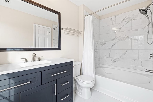 full bathroom with shower / tub combo, vanity, and toilet