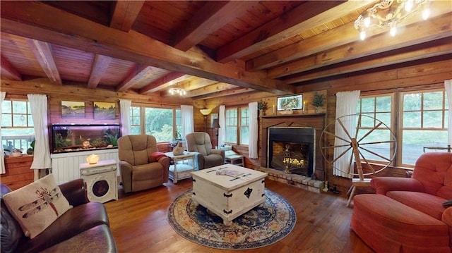 living room featuring wood ceiling, a fireplace, wooden walls, and hardwood / wood-style floors