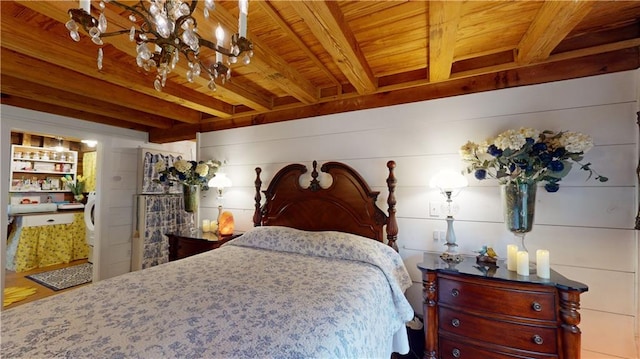 bedroom featuring wood walls, beamed ceiling, and wooden ceiling