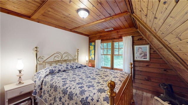 bedroom with wood ceiling, beamed ceiling, and wood finished floors