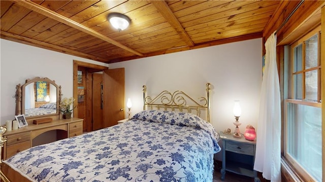 bedroom featuring wooden ceiling and beamed ceiling