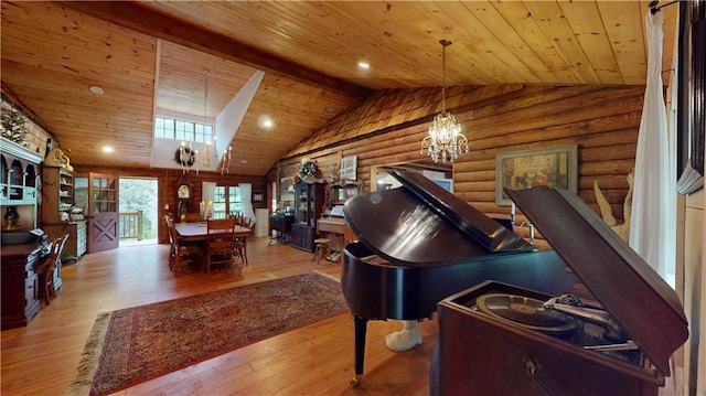 sitting room with a notable chandelier, wood ceiling, and wood finished floors