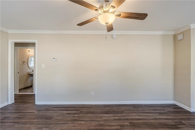 unfurnished room featuring ornamental molding, dark wood-type flooring, baseboards, and a ceiling fan