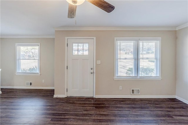 foyer featuring plenty of natural light, visible vents, and dark wood-style flooring