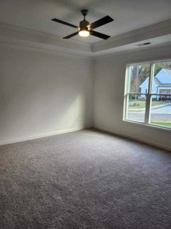 carpeted spare room featuring ceiling fan, a raised ceiling, and ornamental molding