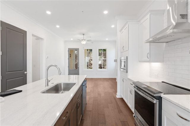 kitchen featuring stainless steel appliances, tasteful backsplash, white cabinets, a sink, and wall chimney exhaust hood