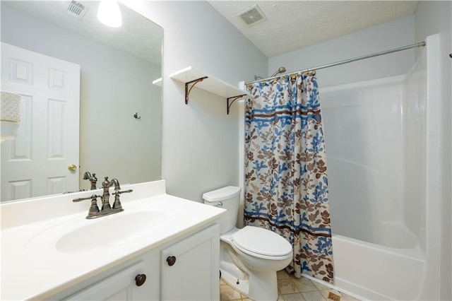 5279 Leecroft Dr, Buford, GA 30518 - full bath with vanity, a textured ceiling, shower / bath combo with shower curtain, and tile patterned flooring