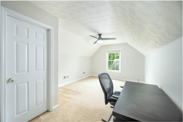5279 Leecroft Dr, Buford, GA 30518 - office area with carpet, vaulted ceiling, ceiling fan, and a textured ceiling