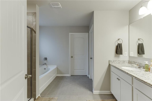 bathroom featuring tile patterned flooring, vanity, and independent shower and bath