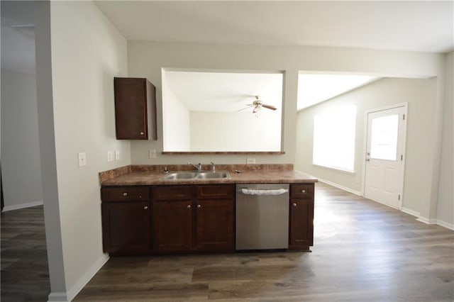 kitchen with dishwasher, dark wood-type flooring, sink, ceiling fan, and dark brown cabinets