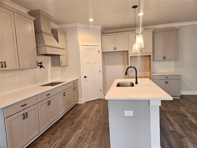 195 Silvercrest Dr, Acworth, GA 30101 - kitchen featuring a sink, premium range hood, dark wood-style flooring, decorative backsplash, and ornamental molding