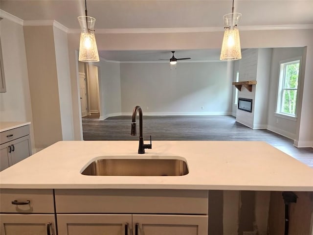 195 Silvercrest Dr, Acworth, GA 30101 - kitchen featuring a sink, dark wood-style flooring, light countertops, gray cabinets, and open floor plan