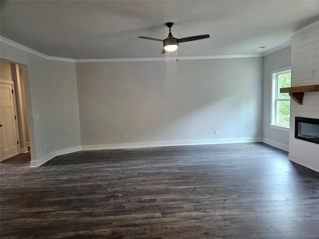 195 Silvercrest Dr, Acworth, GA 30101 - unfurnished living room with dark wood-style floors, baseboards, ornamental molding, a fireplace, and a ceiling fan