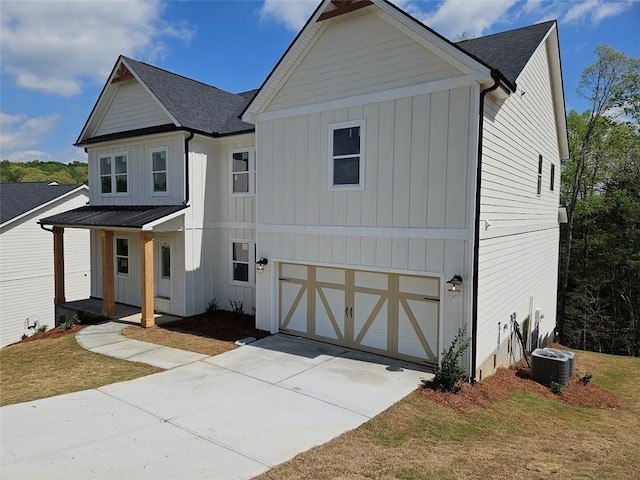 195 Silvercrest Dr, Acworth, GA 30101 - modern inspired farmhouse with a garage, covered porch, board and batten siding, driveway, and cooling unit