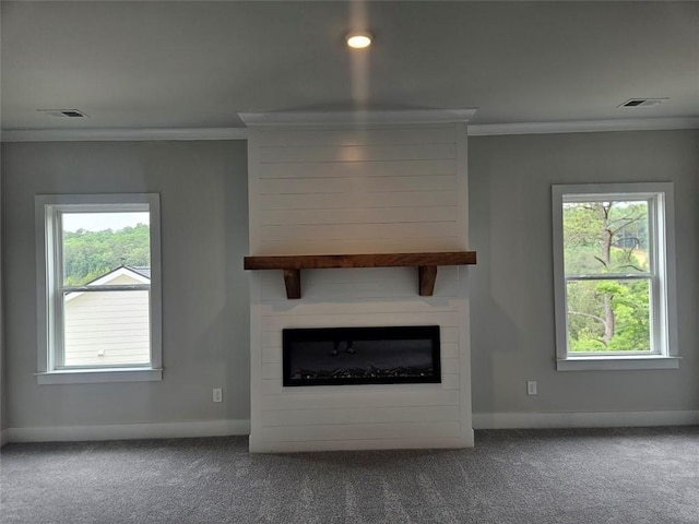 195 Silvercrest Dr, Acworth, GA 30101 - unfurnished living room with baseboards, ornamental molding, carpet flooring, and a large fireplace