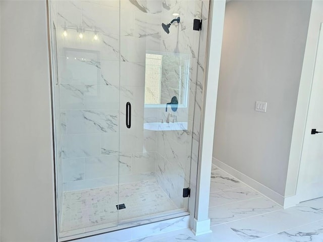 195 Silvercrest Dr, Acworth, GA 30101 - full bath featuring marble finish flooring, baseboards, and a marble finish shower