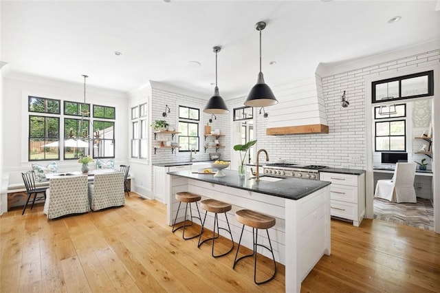 kitchen with a sink, open shelves, light wood finished floors, and dark countertops