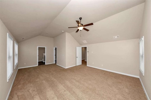 2375 Walker Dr, Hampton, GA 30228 - additional living space with a ceiling fan, visible vents, vaulted ceiling, carpet floors, and baseboards