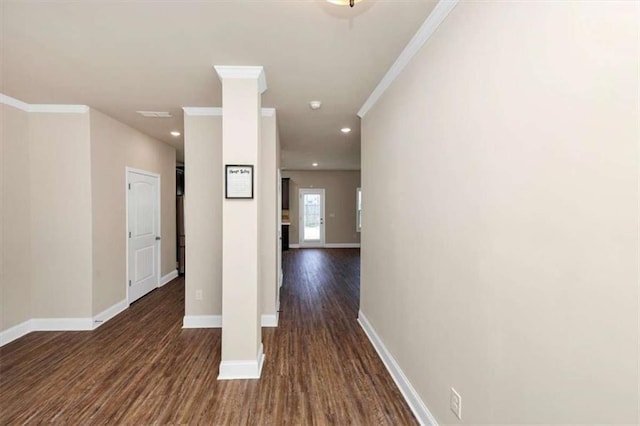 2375 Walker Dr, Hampton, GA 30228 - hall featuring crown molding, baseboards, recessed lighting, and dark wood finished floors
