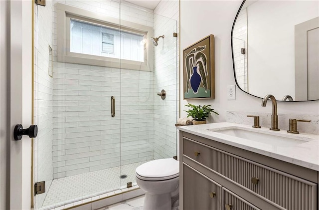 bathroom with a shower stall, toilet, and vanity