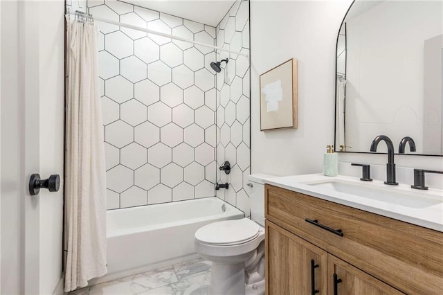 bathroom featuring marble finish floor, vanity, shower / bath combination with curtain, and toilet