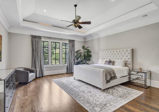 4317 Oglethorpe Loop NW, Acworth, GA 30101 - bedroom with a raised ceiling, ornamental molding, wood finished floors, recessed lighting, and a ceiling fan