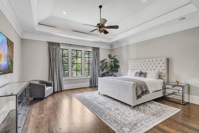 4317 Oglethorpe Loop NW, Acworth, GA 30101 - bedroom featuring a raised ceiling, crown molding, wood finished floors, recessed lighting, and ceiling fan