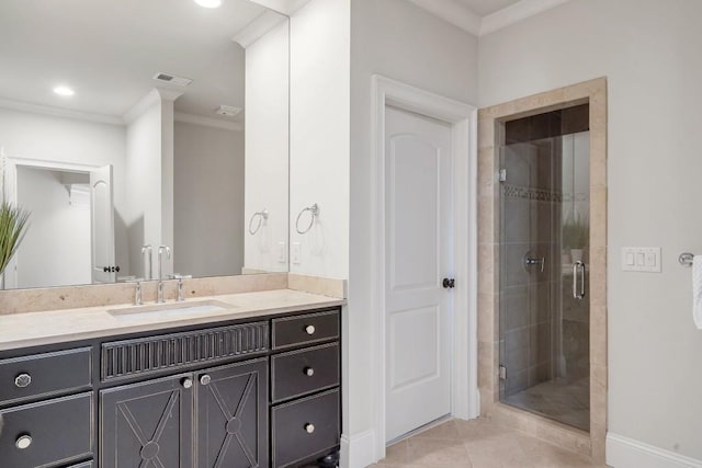 4317 Oglethorpe Loop NW, Acworth, GA 30101 - bathroom featuring vanity, a shower stall, crown molding, and tile patterned flooring