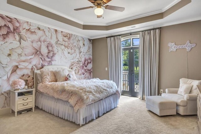 4317 Oglethorpe Loop NW, Acworth, GA 30101 - bedroom featuring ornamental molding, light colored carpet, access to outside, and a tray ceiling
