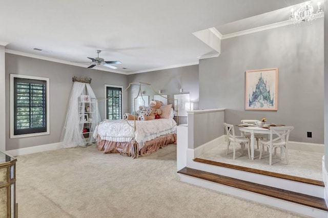4317 Oglethorpe Loop NW, Acworth, GA 30101 - carpeted bedroom featuring crown molding, multiple windows, a chandelier, and a ceiling fan