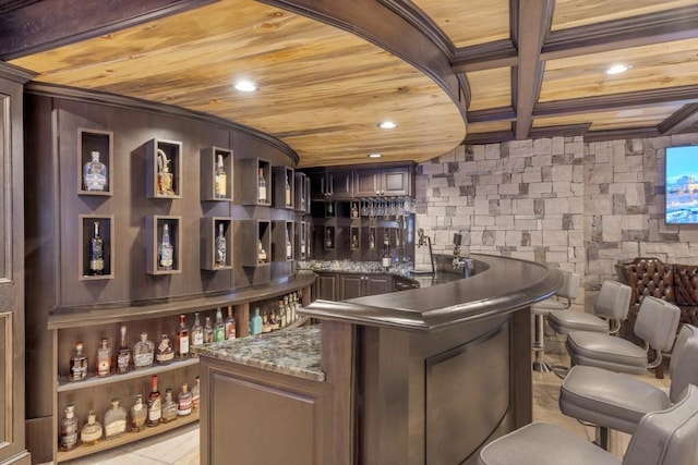 4317 Oglethorpe Loop NW, Acworth, GA 30101 - indoor wet bar featuring a wooden ceiling with exposed beams, recessed lighting, and coffered ceiling