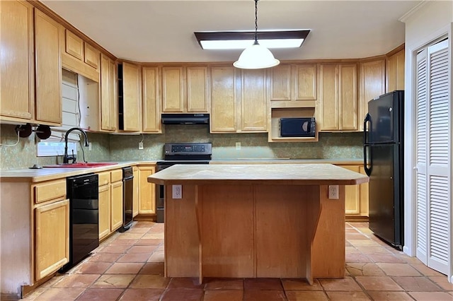 kitchen featuring backsplash, a center island, hanging light fixtures, black appliances, and sink