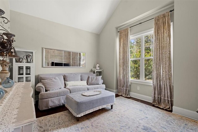 living room featuring baseboards, wood finished floors, and lofted ceiling