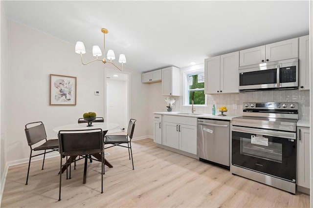 1010 Martin Ln, Canton, GA 30114 - kitchen featuring stainless steel appliances, decorative backsplash, light wood-style floors, light countertops, and a chandelier